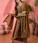 Brown color roman silk fabric beautiful ceremonial wear readymade palazzo dress