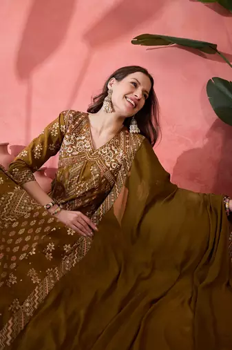 Brown color roman silk beautiful ceremonial wear readymade palazzo dress