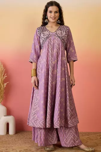 Pink color roman silk beautiful ceremonial wear readymade palazzo dress