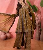 Brown color roman silk fabric beautiful ceremonial wear readymade palazzo dress