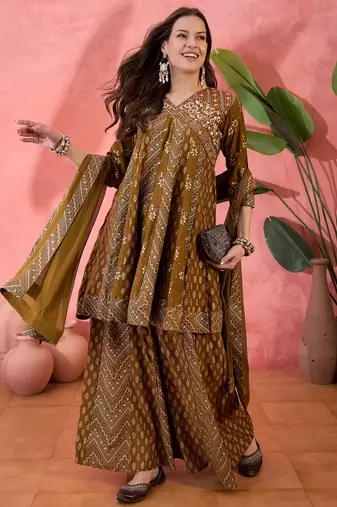 Brown color roman silk beautiful ceremonial wear readymade palazzo dress
