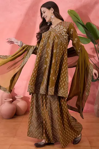 Brown color roman silk beautiful ceremonial wear readymade palazzo dress