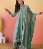 Sea green color roman silk fabric beautiful ceremonial wear readymade palazzo dress