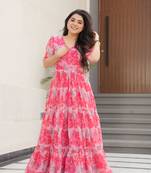 Pink color faux georgette fabric girlie floral print fashionova partywear gown