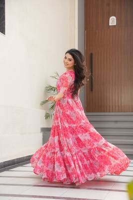 Pink color faux georgette fabric girlie floral print fashionova partywear gown 5