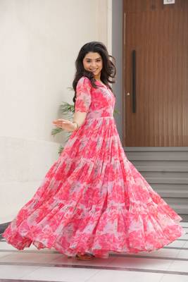 Pink color faux georgette fabric girlie floral print fashionova partywear gown 6