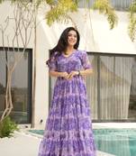 Purple color faux georgette fabric girlie floral print fashionova partywear gown