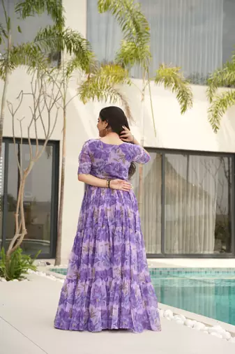 Purple color faux georgette floral print fashionova partywear gown