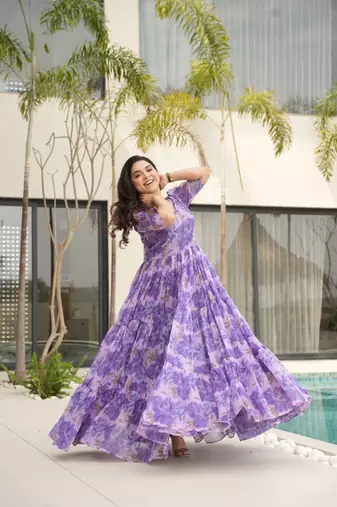 Purple color faux georgette floral print fashionova partywear gown