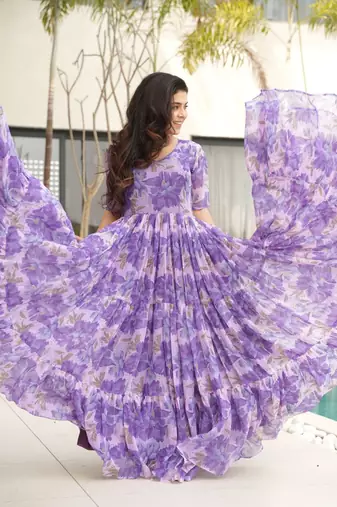 Purple color faux georgette floral print fashionova partywear gown