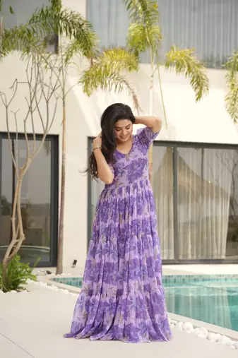 Purple color faux georgette floral print fashionova partywear gown