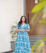 Sky blue color faux georgette fabric girlie floral print fashionova partywear gown