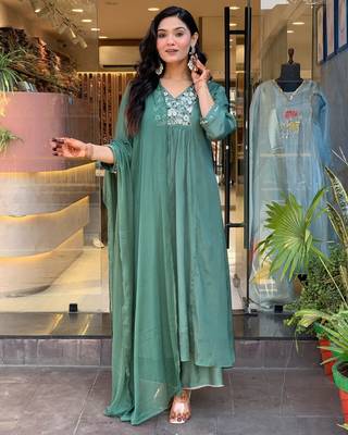 Green color viscosee chinon fabric embroidered partywear suit 1