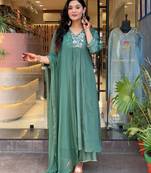 Green color viscose chinon fabric designer embroidered partywear suit