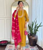 Mustard color vichitra silk fabric designer embroidered partywear suit
