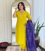 Lemon color viscose chanderi fabric designer embroidered partywear suit
