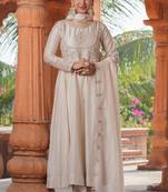 Cream color vichitra silk fabric designer embroidered partywear suit