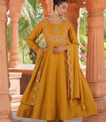 Mustard color vichitra silk fabric designer embroidered partywear suit