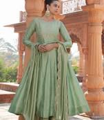 Pista color vichitra silk fabric designer embroidered partywear suit