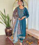 Teal blue color chanderi fabric designer embroidered partywear suit