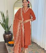 Orange color vichitra silk fabric ethnic and festive wear readymade kurta set