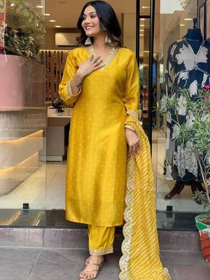 Yellow color vichitra silk fabric ethnic and festive wear readymade kurta set 1