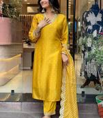 Yellow color vichitra silk fabric ethnic and festive wear readymade kurta set