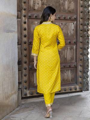 Yellow color vichitra silk fabric ethnic and festive wear readymade kurta set 2