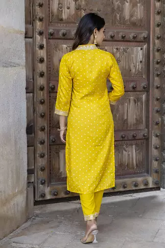 Yellow color vichitra silk fabric ethnic and festive wear readymade kurta set