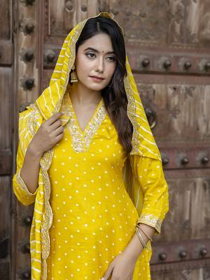 Yellow color vichitra silk fabric ethnic and festive wear readymade kurta set 3