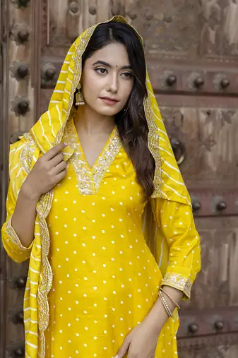 Yellow color vichitra silk fabric ethnic and festive wear readymade kurta set