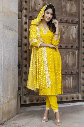 Yellow color vichitra silk fabric ethnic and festive wear readymade kurta set