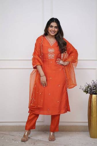 Orange color viscose chanderi fabric ethnic and festive wear readymade kurta set