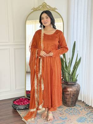 Orange color vichitra silk and festive wear readymade kurta set 1
