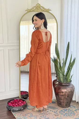 Orange color vichitra silk and festive wear readymade kurta set
