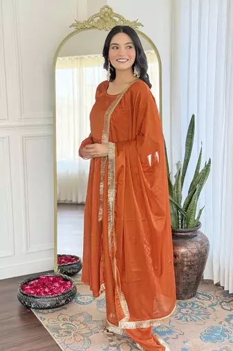 Orange color vichitra silk and festive wear readymade kurta set