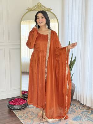 Orange color vichitra silk and festive wear readymade kurta set 4