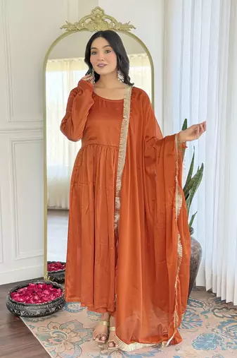 Orange color vichitra silk and festive wear readymade kurta set