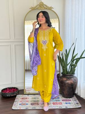 Mustard color vichitra silk and festive wear readymade kurta set 1