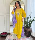 Mustard color vichitra silk fabric ethnic and festive wear readymade kurta set