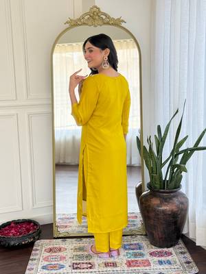 Mustard color vichitra silk and festive wear readymade kurta set 2