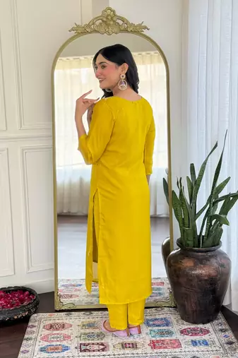 Mustard color vichitra silk and festive wear readymade kurta set