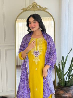 Mustard color vichitra silk and festive wear readymade kurta set 3