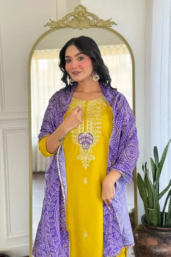 Mustard color vichitra silk and festive wear readymade kurta set