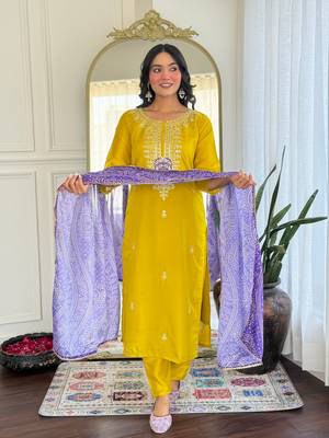 Mustard color vichitra silk and festive wear readymade kurta set 4