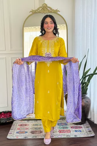 Mustard color vichitra silk and festive wear readymade kurta set