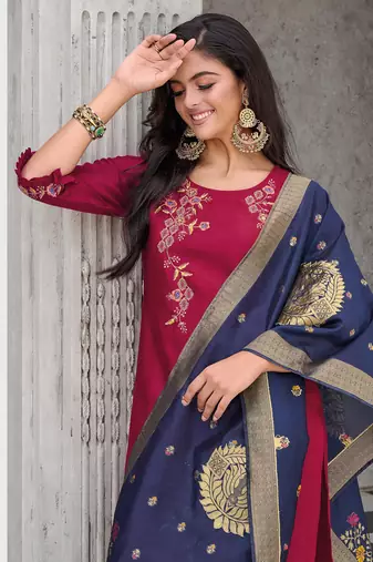 Red color woven and embroidered viscosee silk wedding wear women's suit