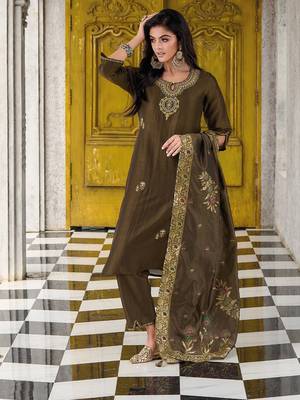 Mouse grey color woven and embroidered viscose silk  fabric wedding wear women's suit 1