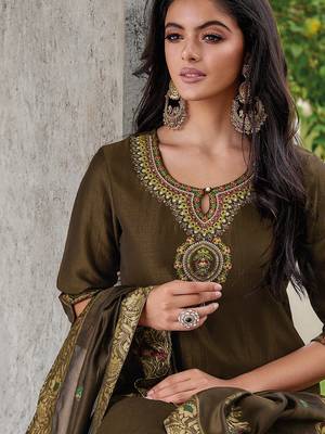Mouse grey color woven and embroidered viscose silk  fabric wedding wear women's suit 2