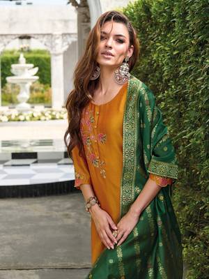 Mustard color woven and embroidered viscosee silk wedding wear women's suit 3